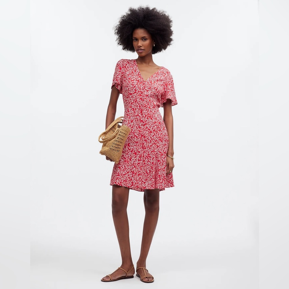 NWT | Madewell | Flutter-Sleeve Mini Dress in Floral | Red Ditsy | 12